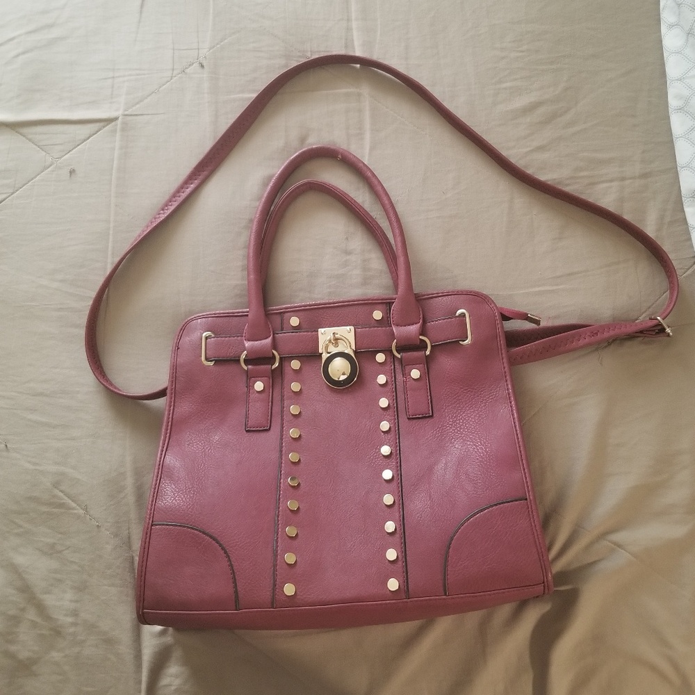 Burgundy and gold studded handbag